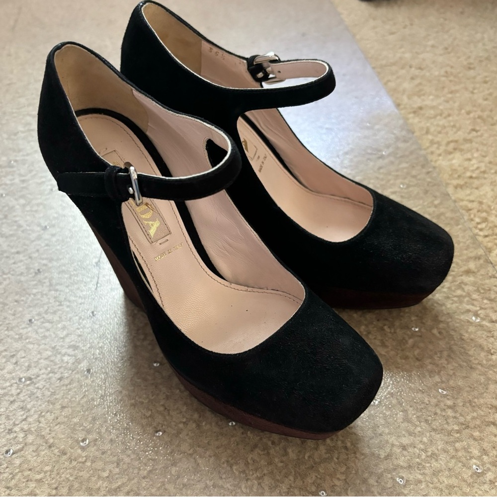 Prada Black Suede Mary Jane Platform Wedges